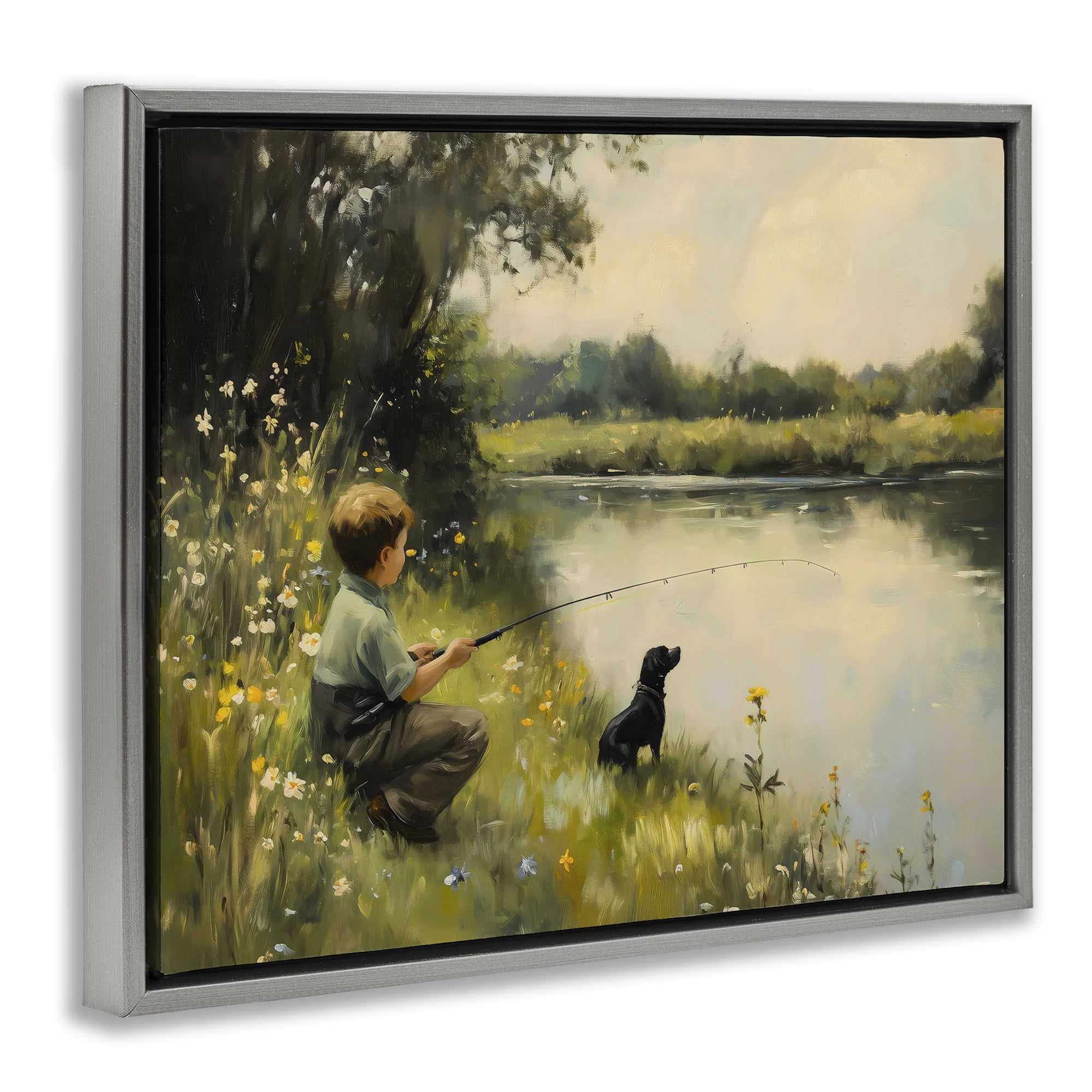 Boy & Puppy Fishing Gray Framed Floater Canvas Wall Art, design by Arlington Prints