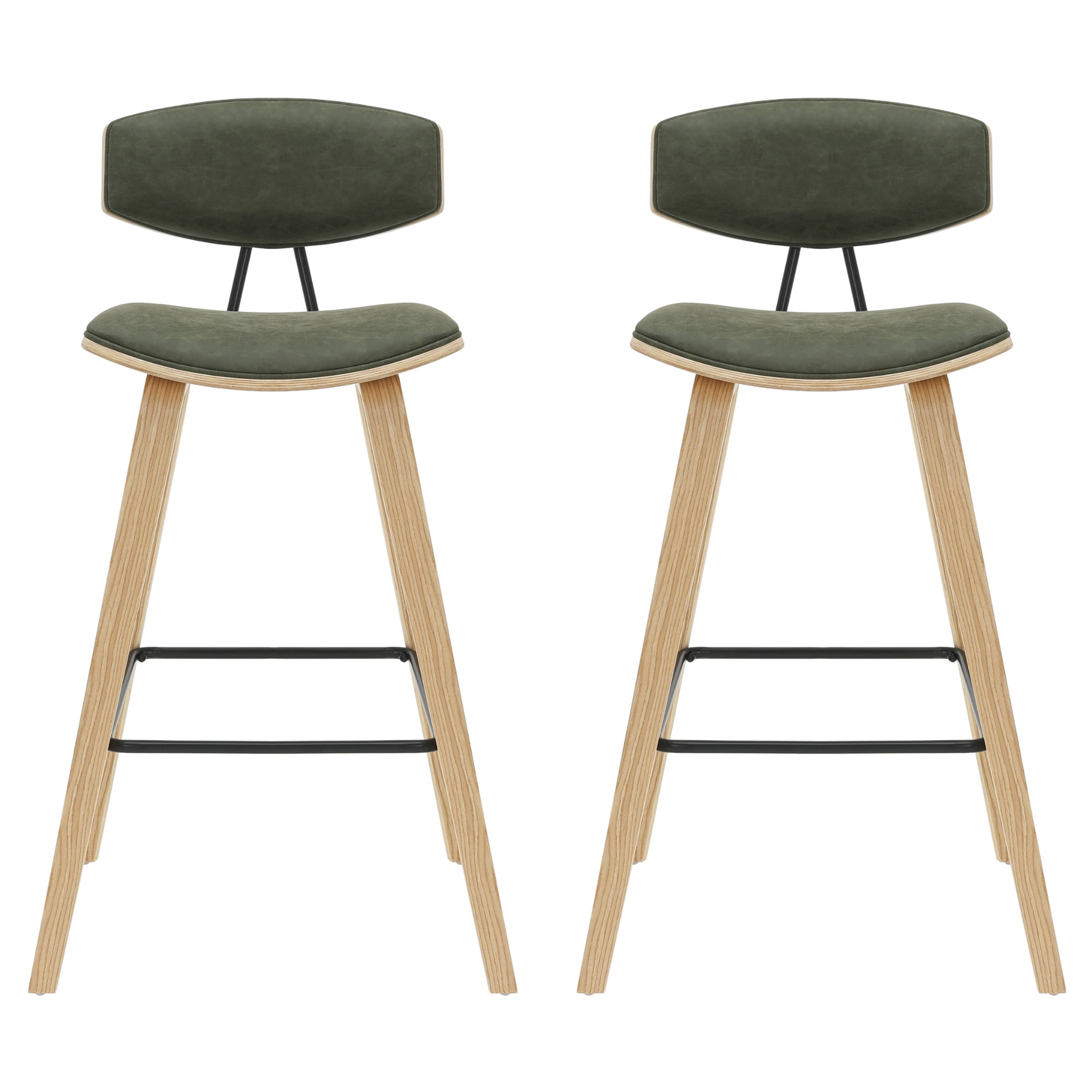 Fox 38 in. H Bar Height Vintage Green Curved Back Wood Bar Stool with Faux Leather Seat Set of 2