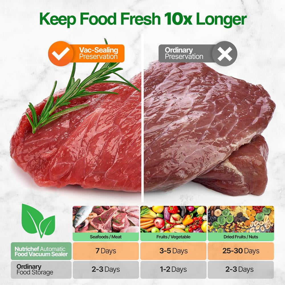 NutriChef Automatic Food Vacuum Sealer, High Suction Air Sealing Machine for Dry & Moist Foods, LED Touch Controls, Includes Bags, Hose & Wine Stopper