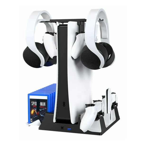 Base de refrigeración multifuncional para PS5 con doble base de carga para mandos de PlayStation 5, soporte para auriculares y almacenamiento de discos