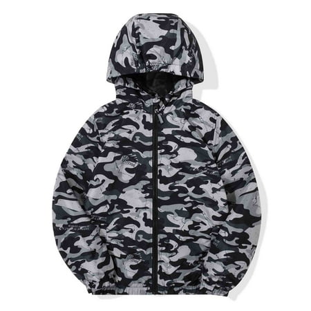 MADHERO Boys Girls Rain Jacket Lightweight Long Sleeve Windbreaker Black Grey Camo 6
