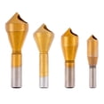 thumbnail image 1 of Juego de 4 brocas avellanadoras de acero dorado en 4 tamaños. Herramientas de precisión para perforar metales. Kit de brocas avellanadoras de alta velocidad., 1 of 7