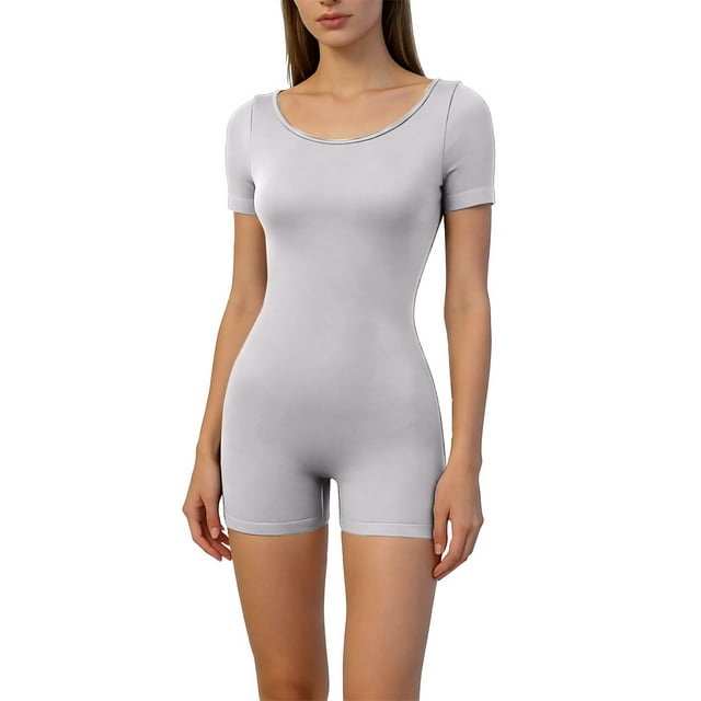 Yigetop Combinaison de Sommeil Extensible Col Rond Manches Courtes Combinaison Côtelée Ajustée Confortable Quotidien Décontracté Maison & Extérieur Pyjama Combinaison Gris P