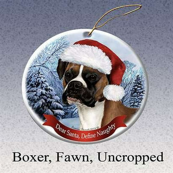 Holiday Pet Gifts Boxer Fawn, Uncropped Santa Hat Dog Porcelain Ornament