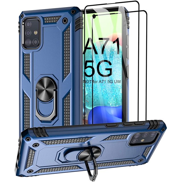 FYBTO Case for Samsung Galaxy A71 5G Case with 2 Tempered Glass Screen Protector, Military Grade Drop Tested Cover Grip Ring Kickstand Protective Phone Cases for Samsung Galaxy A71 5G A716U, Blue