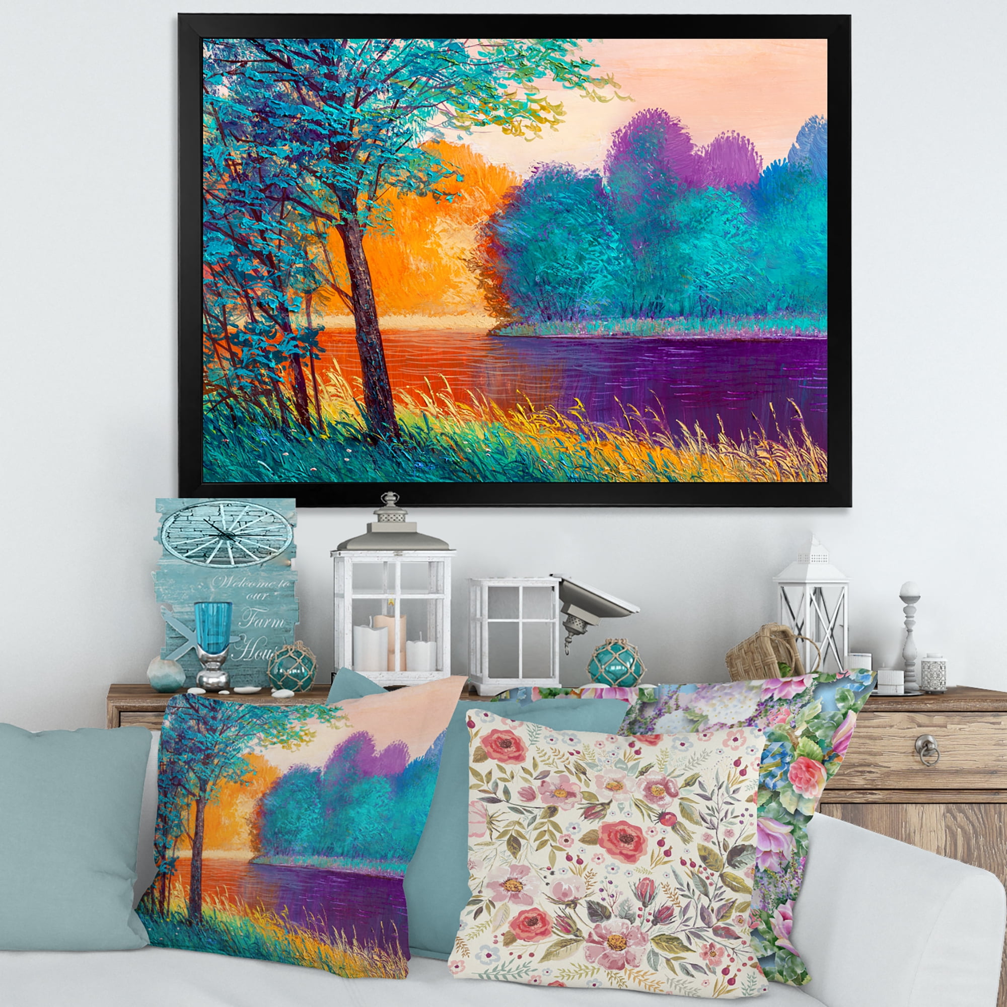 Colorful Trees During Twilight Along River 32 in x 24 in Framed Painting Canvas Art Print, by Designart