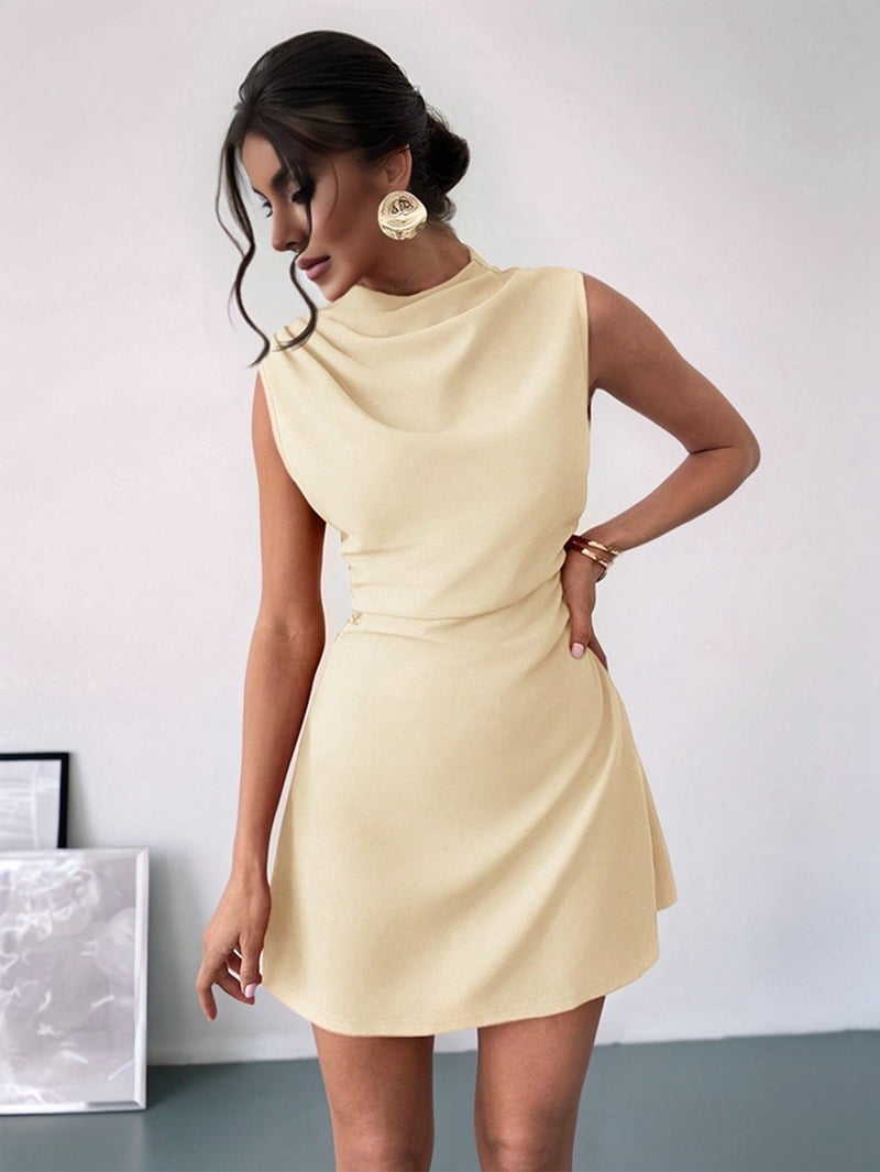 Women'S Mini Dress Ruched Mock Neck Sleeveless A Line Party Summer Dresses  S