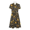 NANETTE Nanette Lepore High Neck Short Sleeve Tie Waist Pleated Multi Print Polyester Dress-MUSTARD / 6