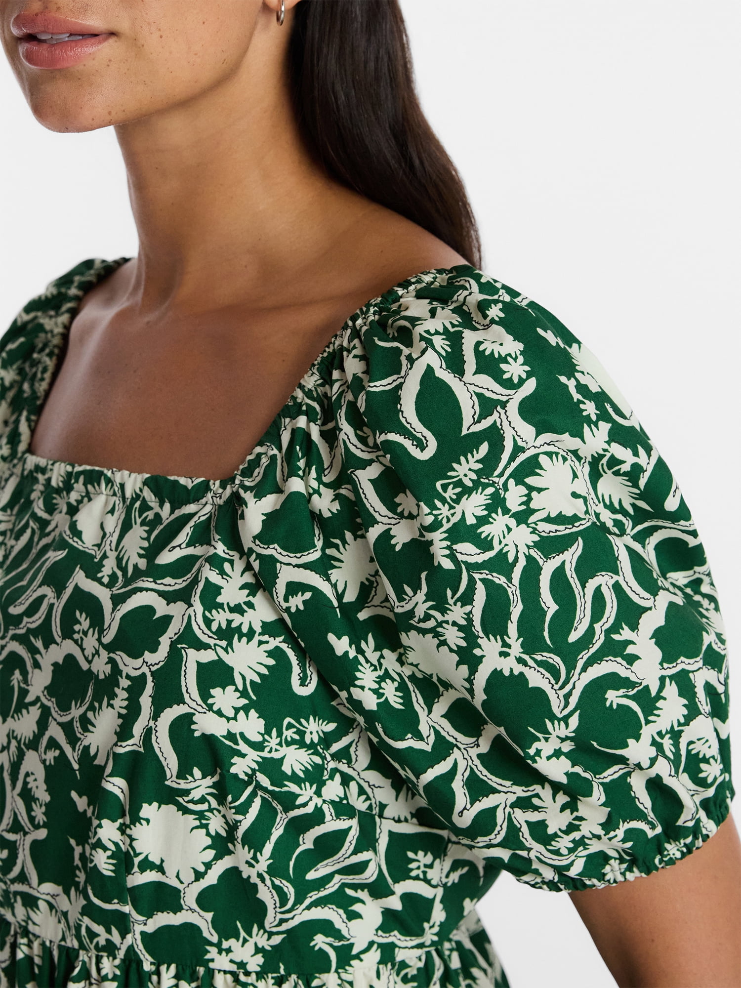 Time and Tru Women's and Women's Plus Cotton Back Tie Midi Dress with Short Puff Sleeves, Sizes XS-4X