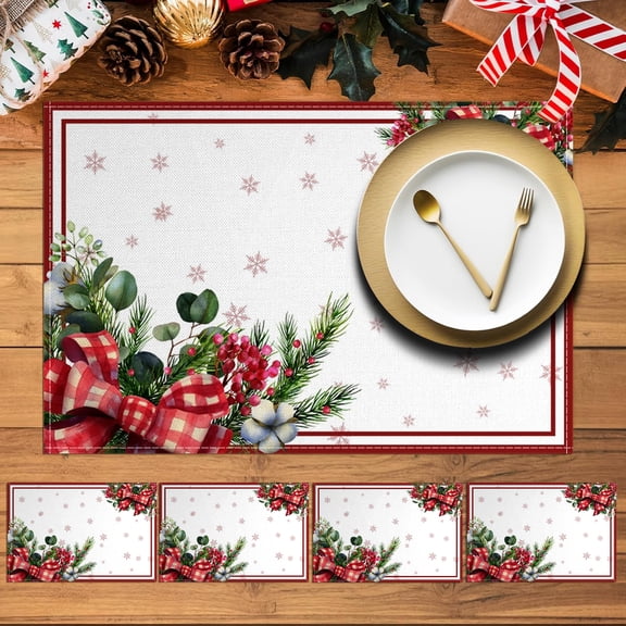 MIZHONA Christmas Placemats Set of 4,Winter Linen Table Mats for Table Decorations 12x18 in