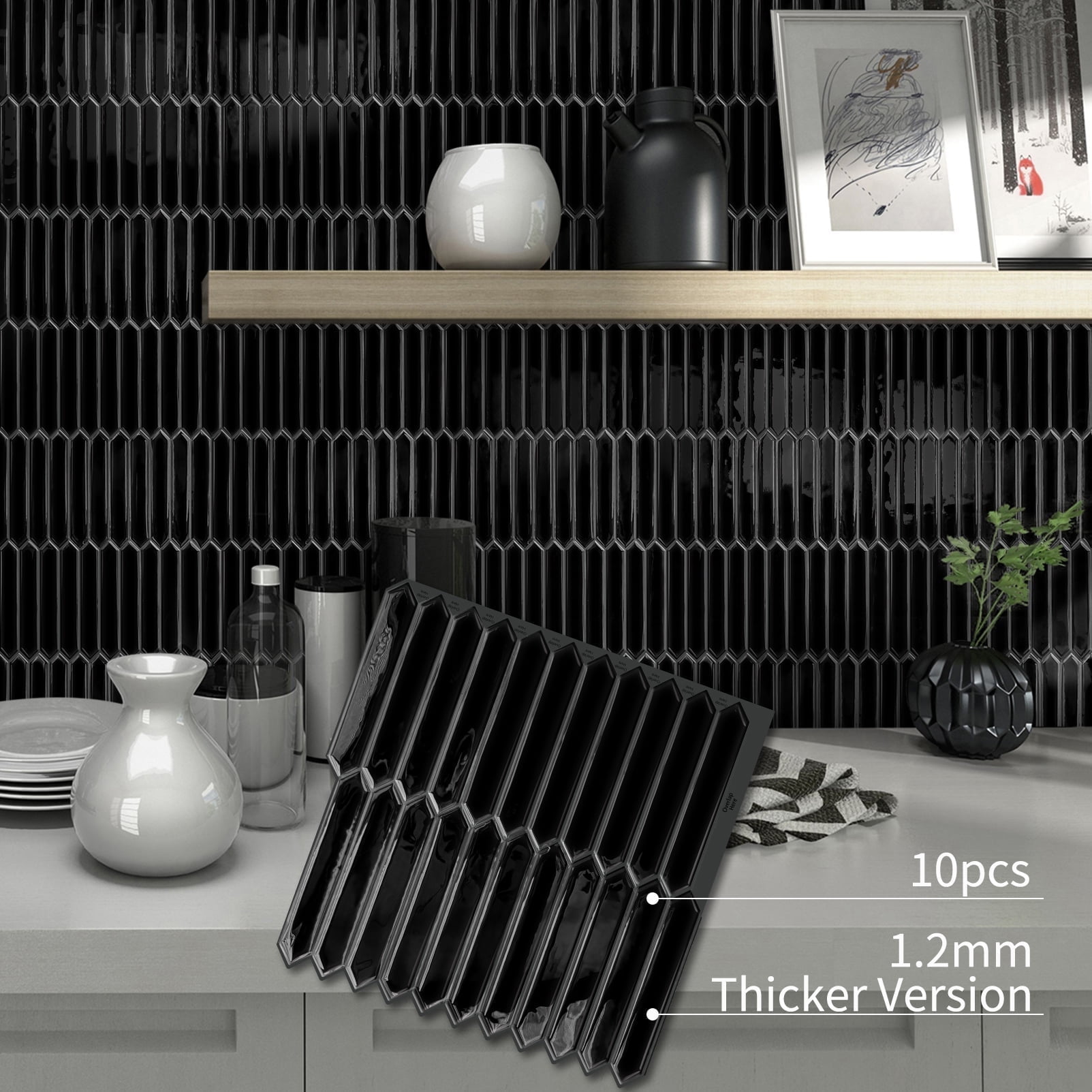 DEWOO Black Tile Peel and Stick Backsplash, 10 Sheets Self-Adhesive Wall Tiles Stick on Back Splash for Kitchen, Bathroom, Fireplace,RV(12"×12",Black Marble)