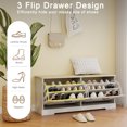 thumbnail image 4 of Shoe Storage Bench, Entryway Shoe Cabinet with 2 Flip Drawers and 3-Position Adjustable Shelf, Hidden Design, Shoe Organizer Cabinet with Comfy Seat for Living Room, Bedroom and Hallway, White, 4 of 7