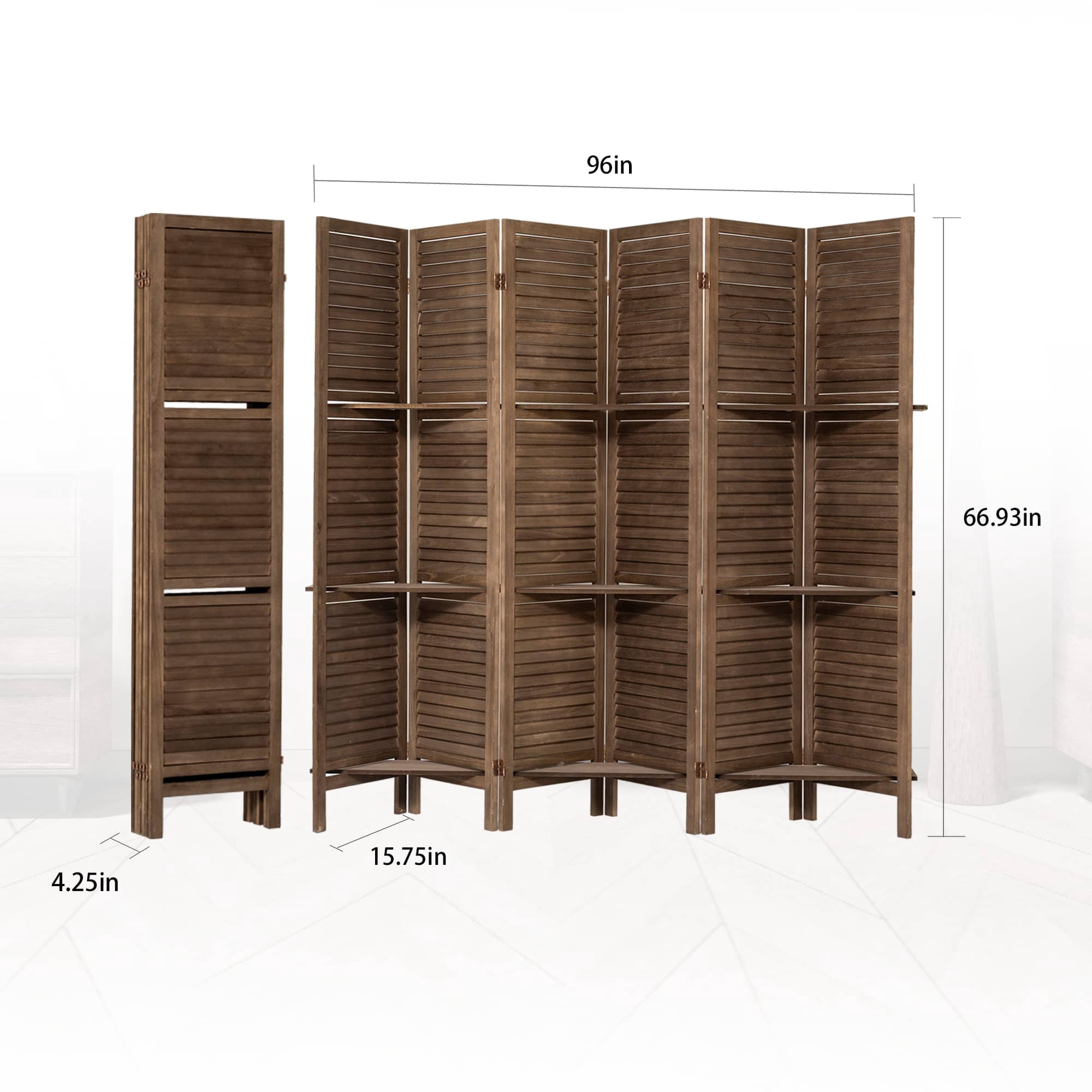 MAYEERTY 6 Panel Freestanding Room Divider, 5.6Ft Wood Privacy Screen with Shelves, Dark Brown