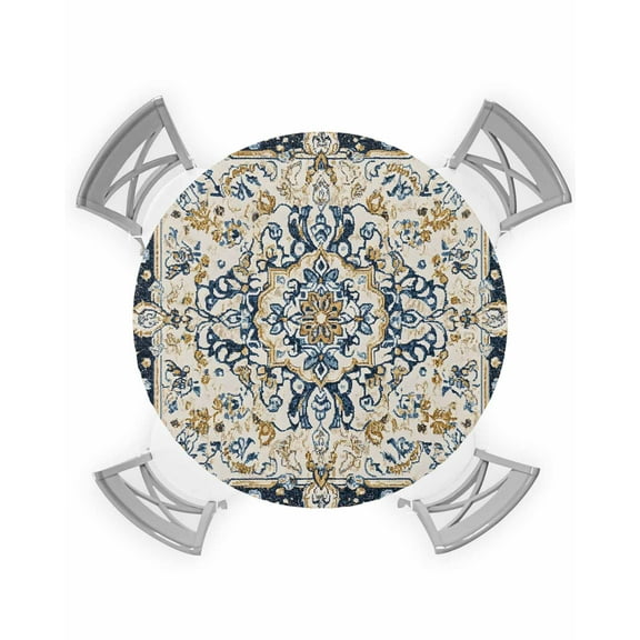 nqOlkjepod Boho Navy Blue Round Tablecloth, Fitted Table Cover with Elastic for 45"-54" Round Tables, Vintage Southwestern Geometric Ethnic Table Cloth Outdoor Dinning Party Waterproof Tablecloths