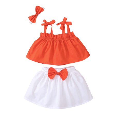 

REORIAFEE New Born Clothes Baby Girl Summer Girls Childrens Clothing Sleeveless Suspender Top Half Skirt Bow Headband Three Piece Set Orange 12-18 Months