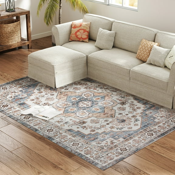 Homiyad 5x7 Area Rug, Vintage Machine Washable Rug, Non-Slip Carpet for Living Room, Bedroom, Dining Room, Brown & Light Blue