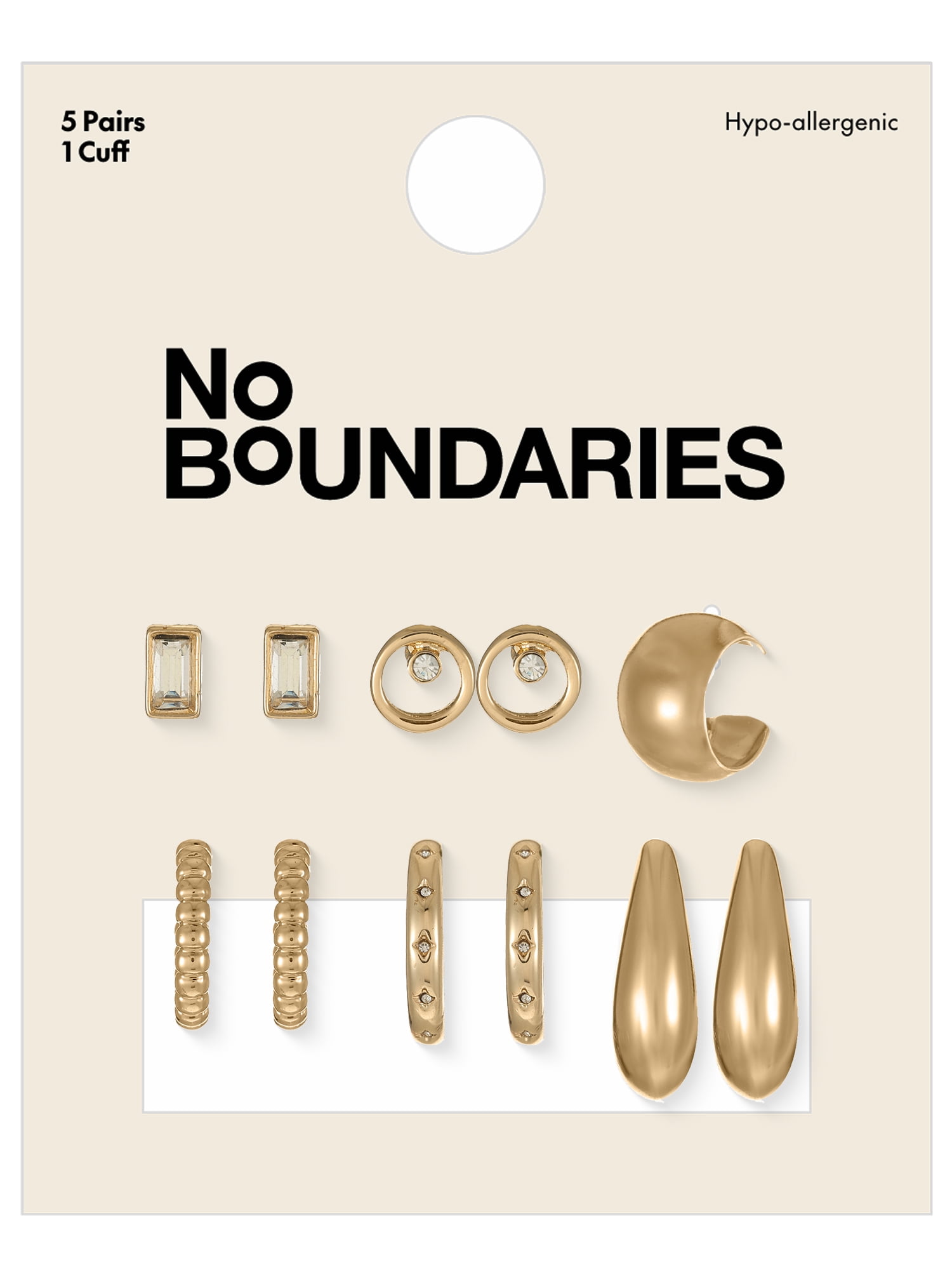No Boundaries Gold-Tone Earrings Set with Studs, Mini Hoops and Ear Cuff, 5-Pairs, Women’s