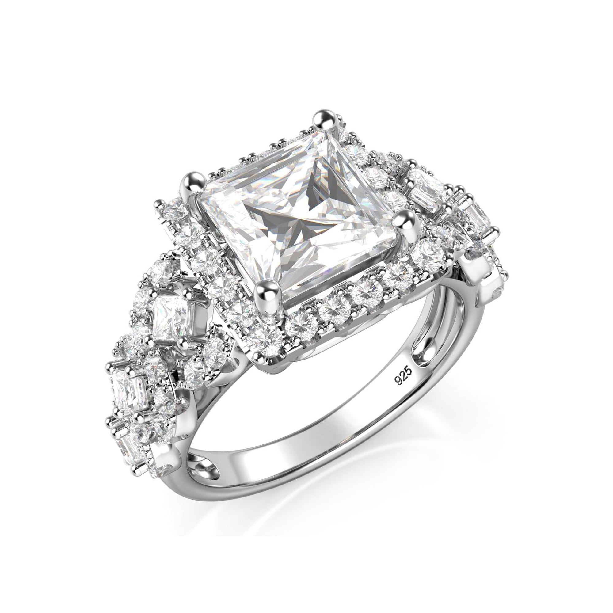 Sz 7 Sterling Silver 925 Princess Cut CZ Cubic Zirconia Halo Engagement Ring