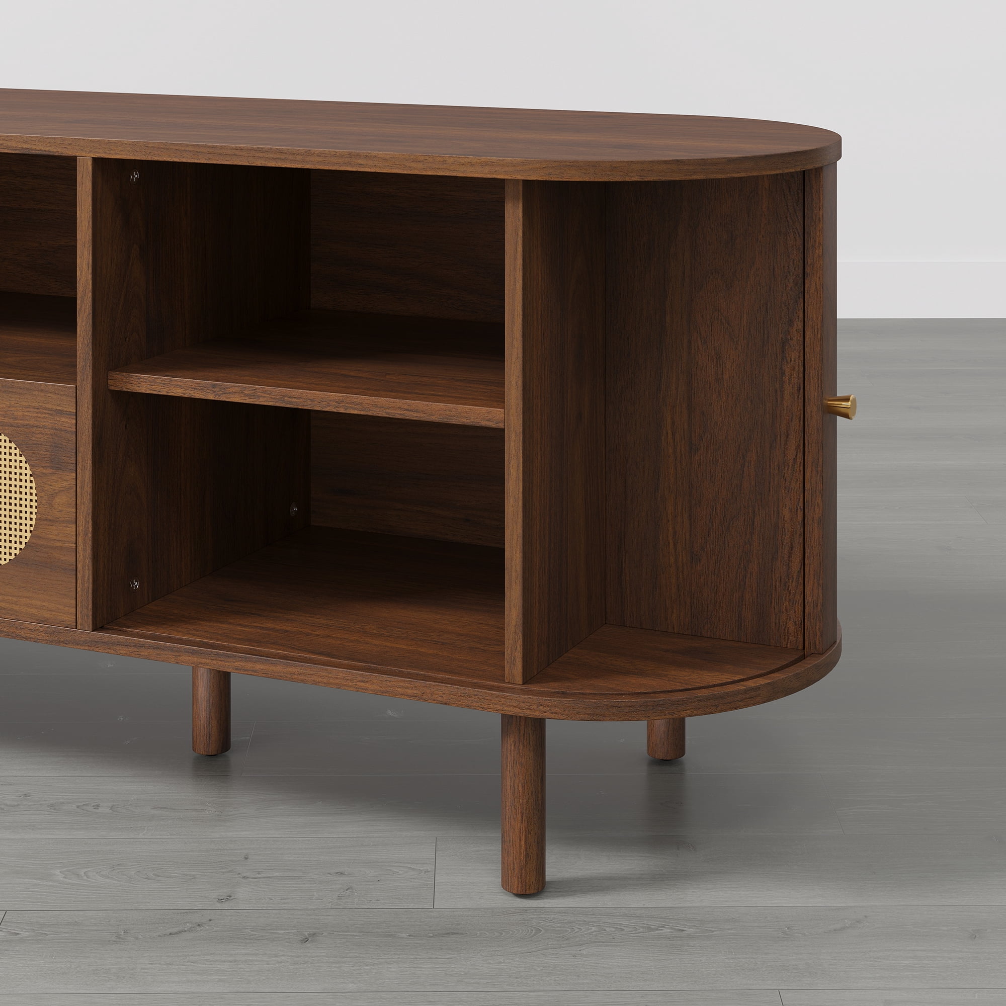 Spruce & Spring Tambour TV Stand with Power Outlet, Mid-Century Modern Entertainment Center, Rattan Drawer & Fluted Sliding Doors, Solid Wood Legs & Cable Management, Walnut, for TVs up to 70 Inch