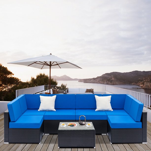 Patio Furniture Sets Clearance 7 Piece Wicker Patio Conversation Furniture Set With 6 Seats 1pc Tempered Glass Table 6 Removable Cushions 2 Pillows For Backyard Porch Lawn Pool Blue Q8170 Walmart Com Walmart Com