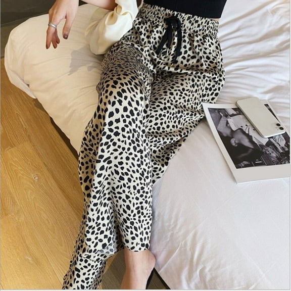 Leopard Print Wide-Leg Trousers Women Casual Ankle Length Drawstring Pants Loose