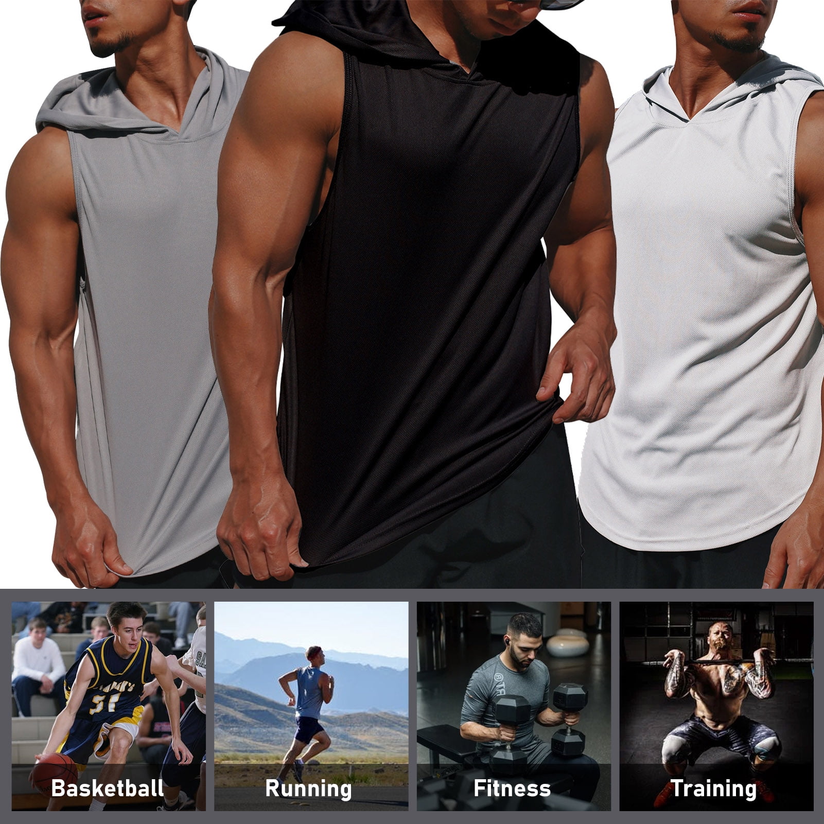 Hommes Gilet a Capuche Sport Basket Ball Gym Seance d Entrainement Rapide Sec Debardeurs Laches Sportswear
