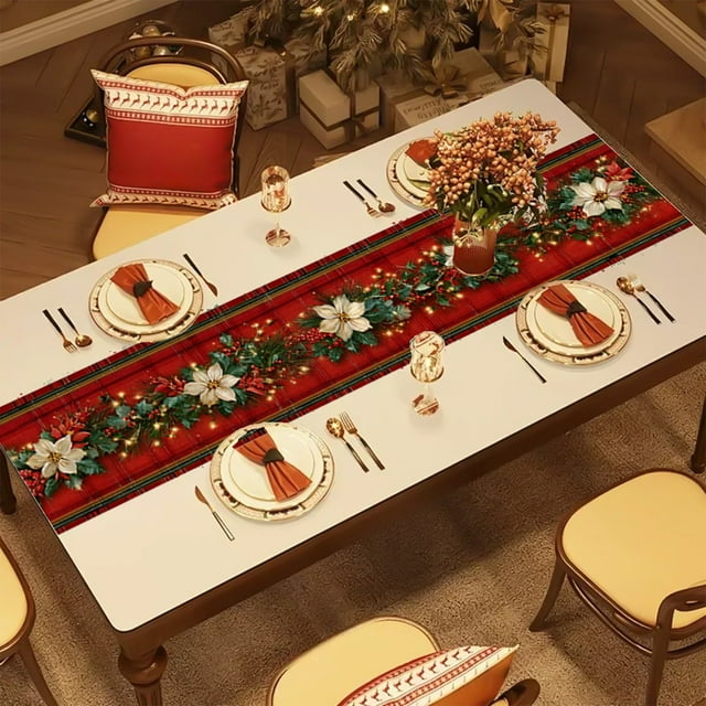 QIPOPIQ Christmas Trees Merry Xmas Table Runner,Seasonal Winter Holiday Kitchen Dining Table Decoration for Indoor Outdoor Home Party Decor