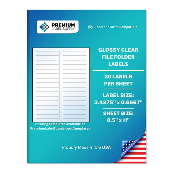 Premium Label Supply Glossy Clear File Folder Labels – 3.4375" x 0.6667" – Laser/Inkjet Compatible – (30 Labels/Sheet), 10 Sheets – 300 Total Adhesive Labels
