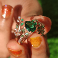 thumbnail image 2 of Pear Cut Emerald & Diamond Leaf Wedding Ring- Unique Bridal Ring in 14K Rose Gold Vermeil, 2 of 7
