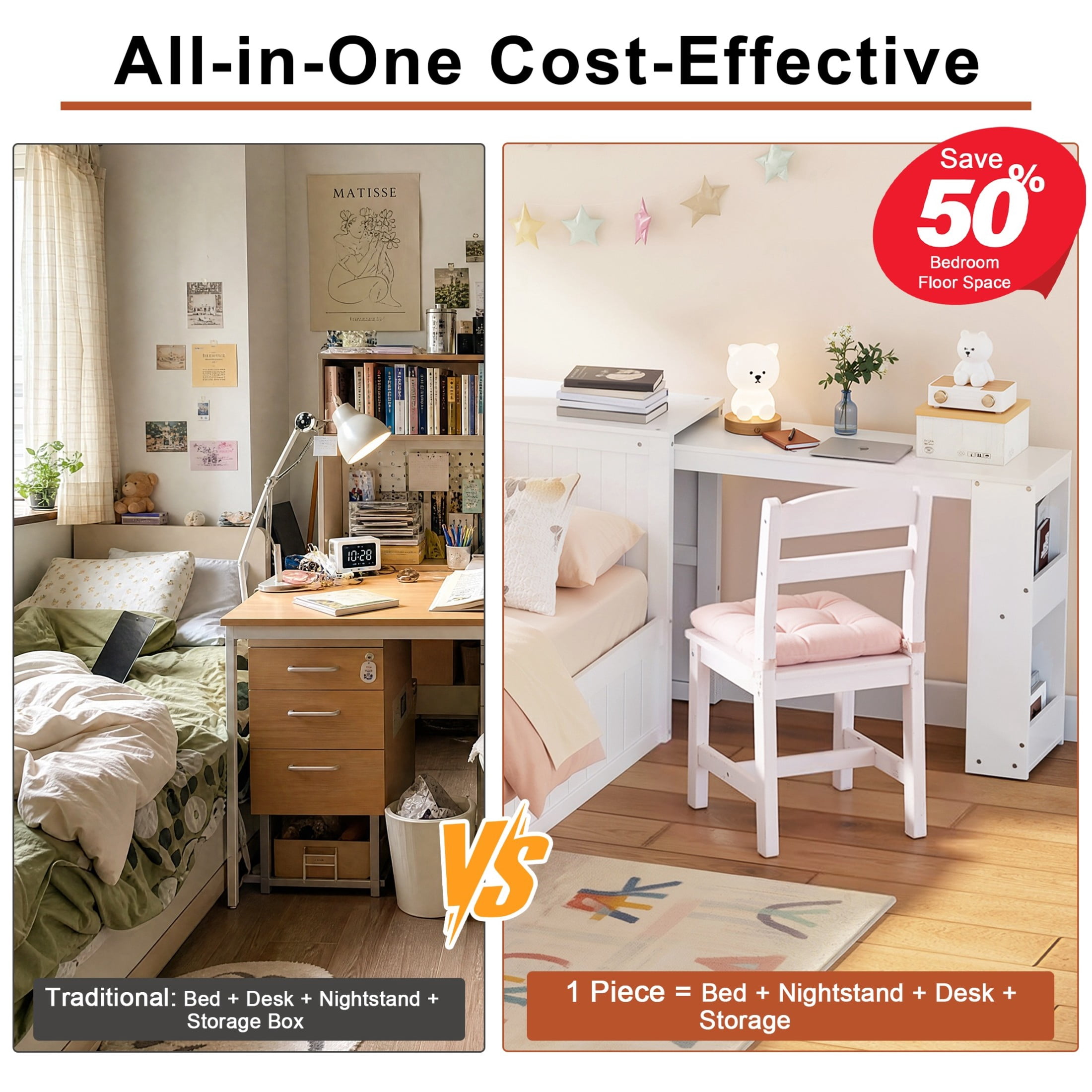 Noble House Oaklin Twin Modern Platform Bed with Integrated Desk & Storage Drawers, Space-Saving Furniture, White