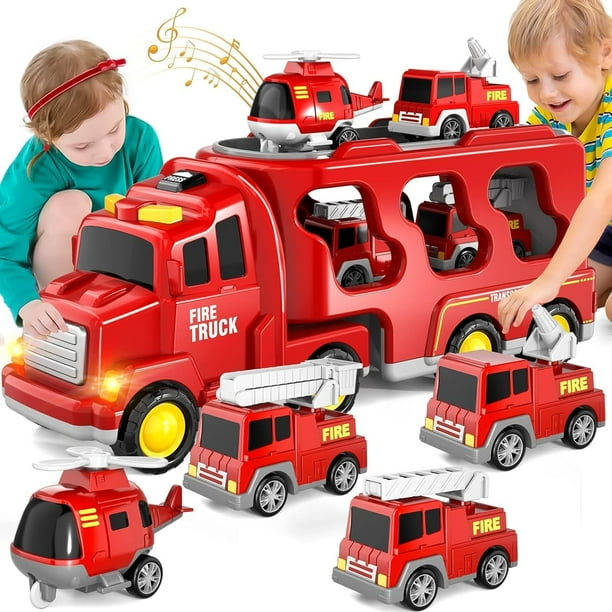 Carritos Juguetes para Niño,5 en 1 Camiones de Transporte con Luz y Sonido,Coches Juguetes de Construcción con 4 Mini Coches,Regalo para Niños 3~8 Años,Rojo
