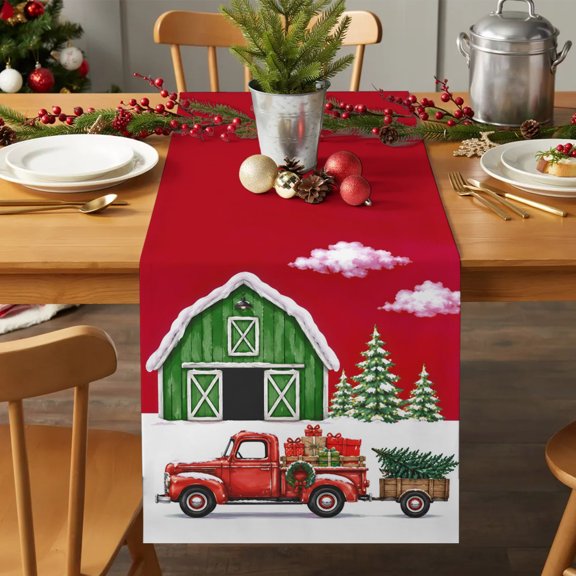Table Runner 72 Inches Long - Christmas Tree Red Farm Truck Decorative Table Scarf, Farmhouse Green Dining Table Runners for Wedding Party Kitchen Dining Tables
