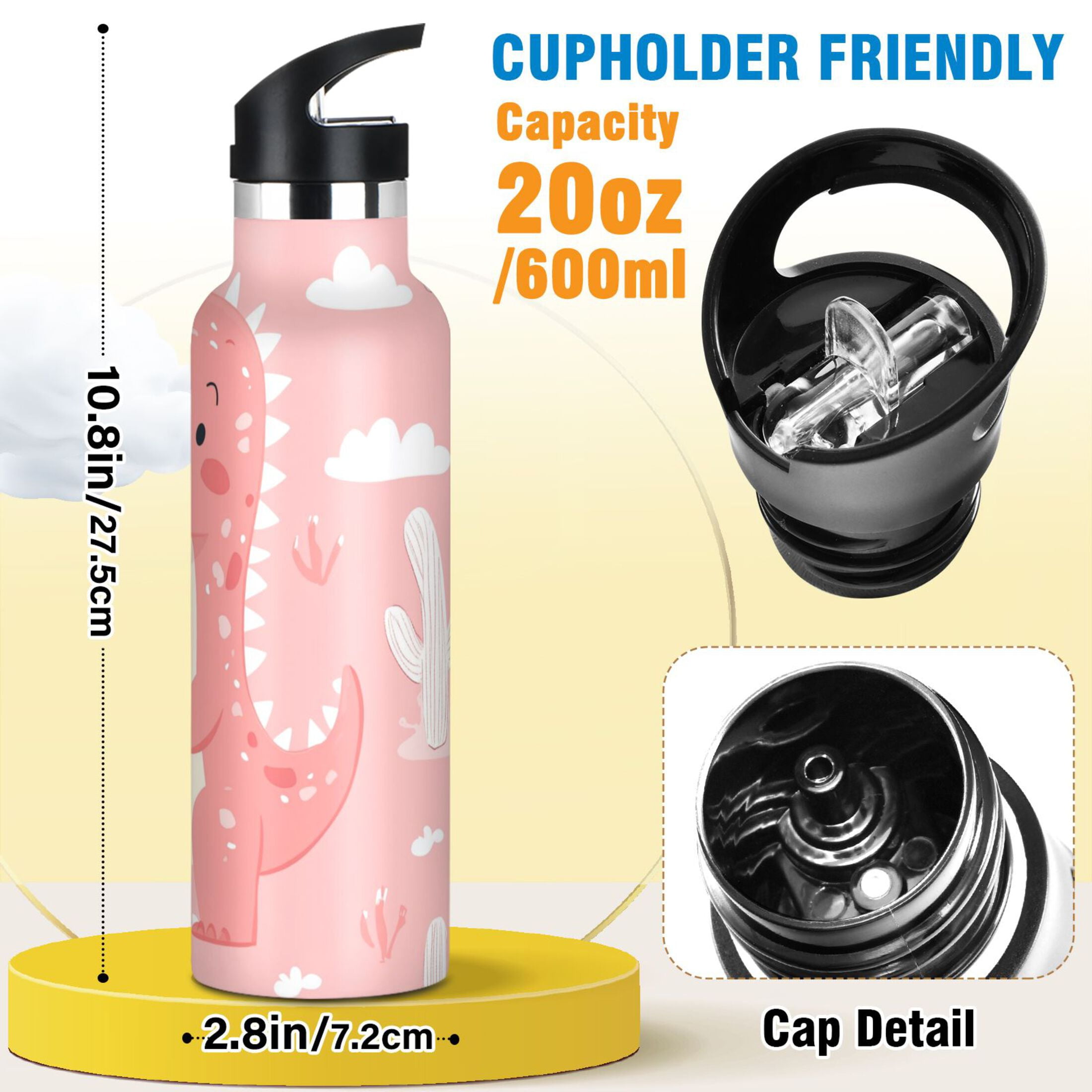Kids Insulated Stainless Steel Sports Water Bottle 600ml (20oz), BPA-Free Cute Pink Dinosaur Pattern