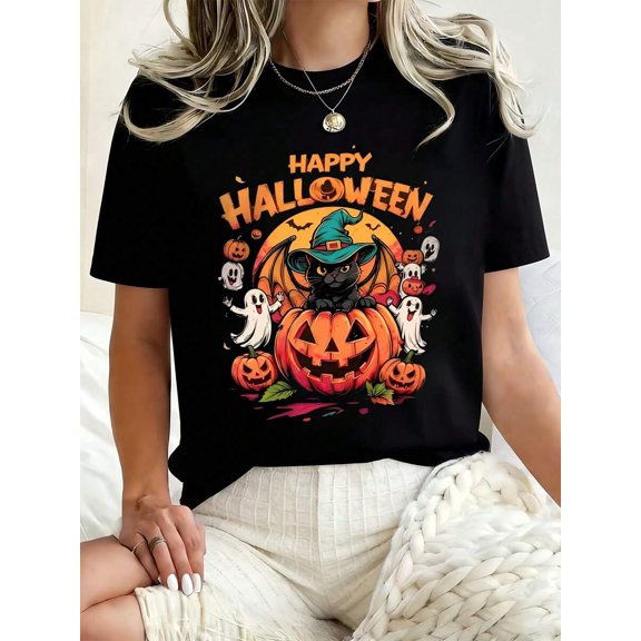 Women Round Neck T Shirt Happy Halloween Cat Pumpkin Print Casual Party Festival Tee