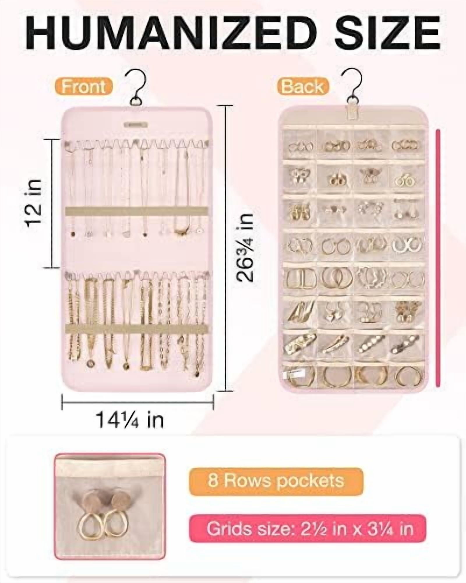 Hanging Jewelry Organizer Storage Roll with Hanger Metal Hooks Double-Sided Jewelry Holder for Earrings, Necklaces, Rings on Closet, Wall, Door, 1 piece, Medium, Pink