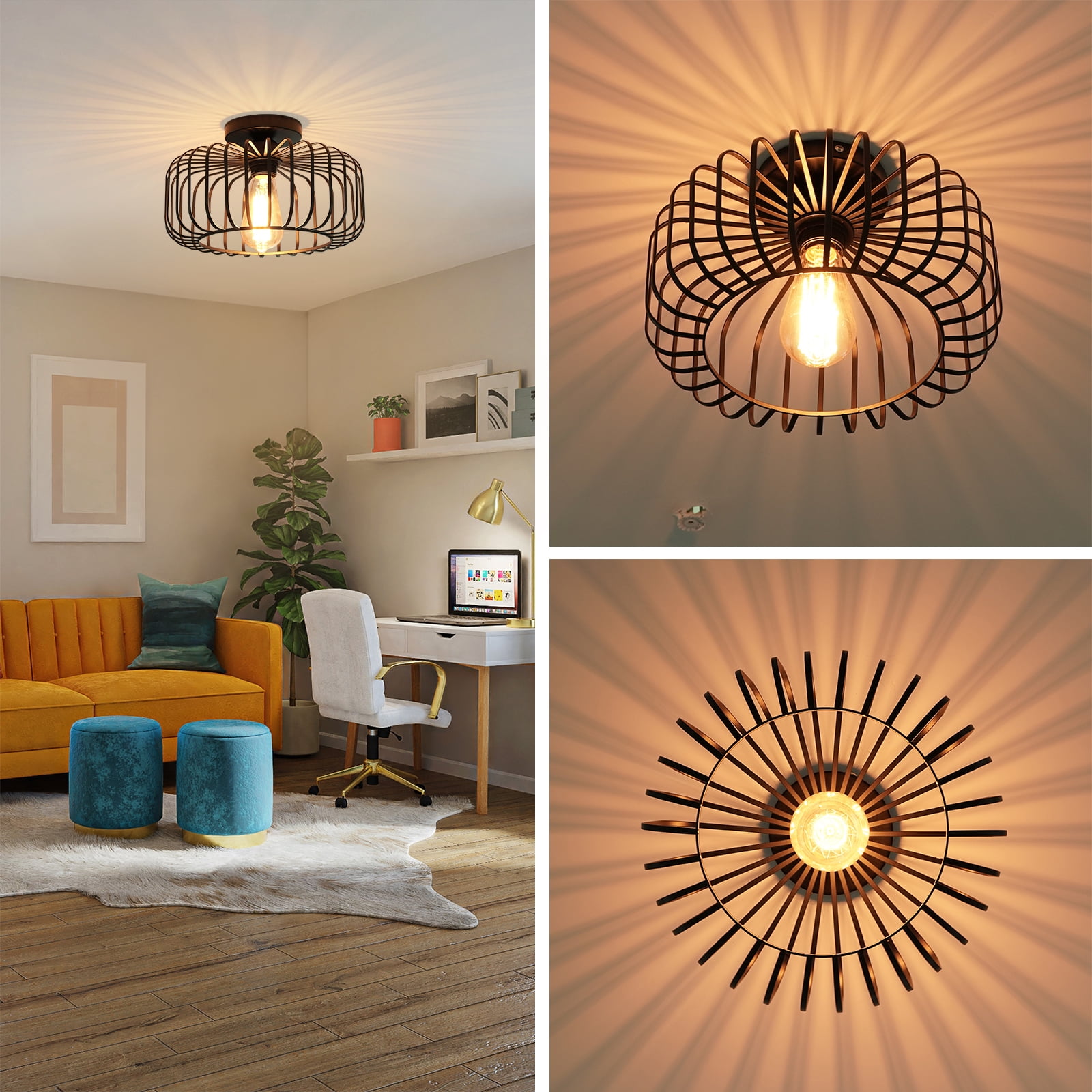 FRIDEKO HOME Modern Black Semi Flush Mount Ceiling Light Fixture, 11.22" Industrial Metal Cage Ceiling Lights, Chandeliers with E26 Base for Bedroom, Living Room, Kitchen, Hallway  (Without Bulb)