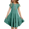 thumbnail image 4 of Dezsed Toddler Girl Casual Dresses Summer New Ruffled Short Sleeve Round-Neck Solid Color Beach Dresses Baby Girl Clothes Green 10-11 Years, 4 of 7
