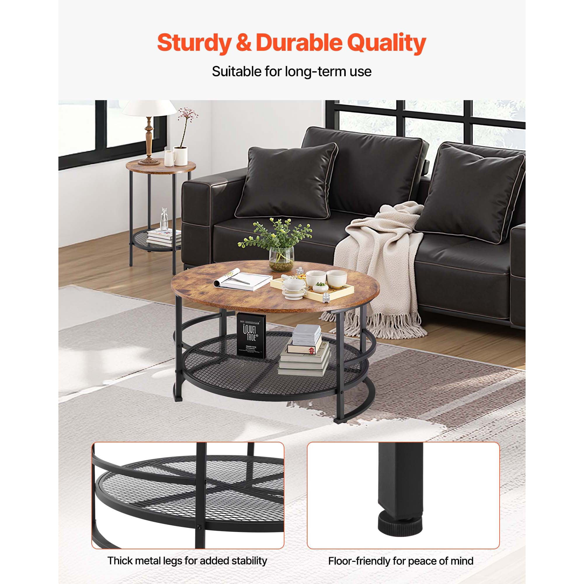 KFFKFF 3-Piece Round Coffee Table Set, 31.5-Inch Industrial Style Table with Two Side Tables, Easy-to-Assemble Metal-Leg Design for Living Room, Office, or Apartment