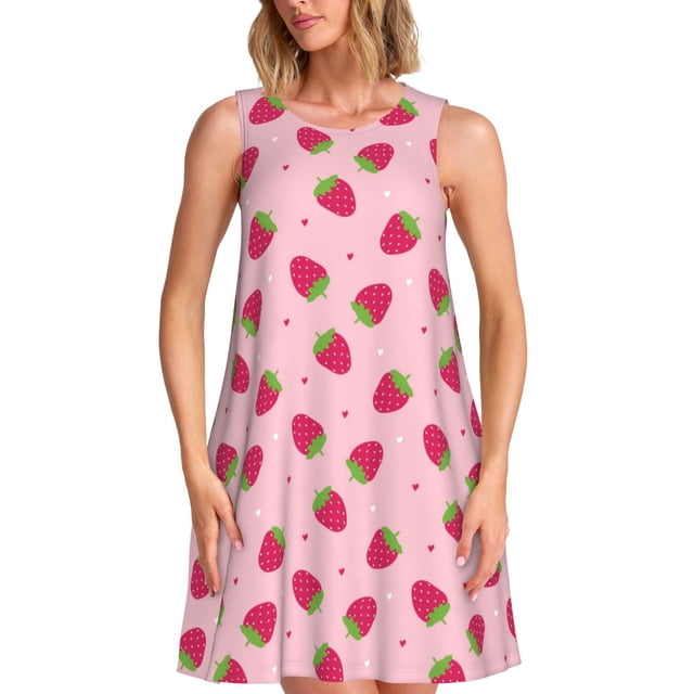 Vsdgher Robe d'Été à Imprimé Fraises pour Femmes, Décontractée, Col en U, Robe de Plage Sans Manches, Débardeur Ample, Robe Soleil avec Poche