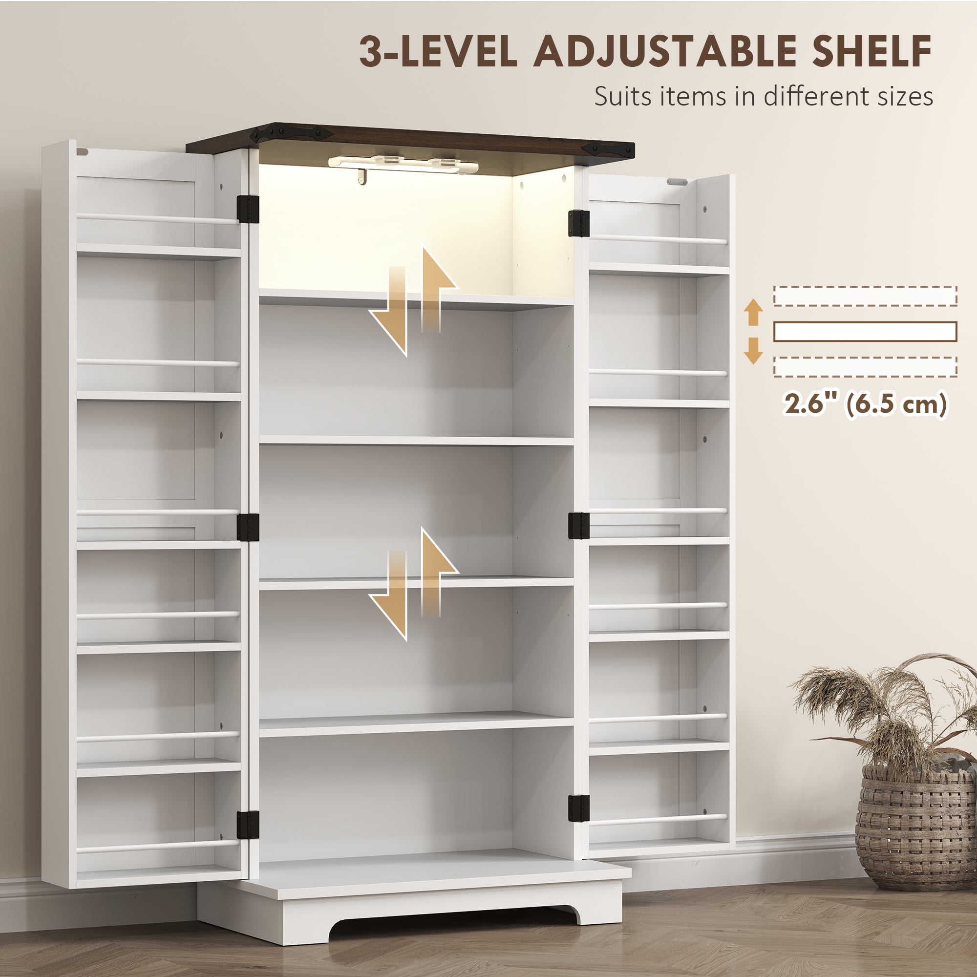 HOMCOM 47" Kitchen Pantry Cabinet with Sensing LED Light, Farmhouse Storage Cabinet with Doors, 2 Adjustable Shelves and 12 Door Shelves, White