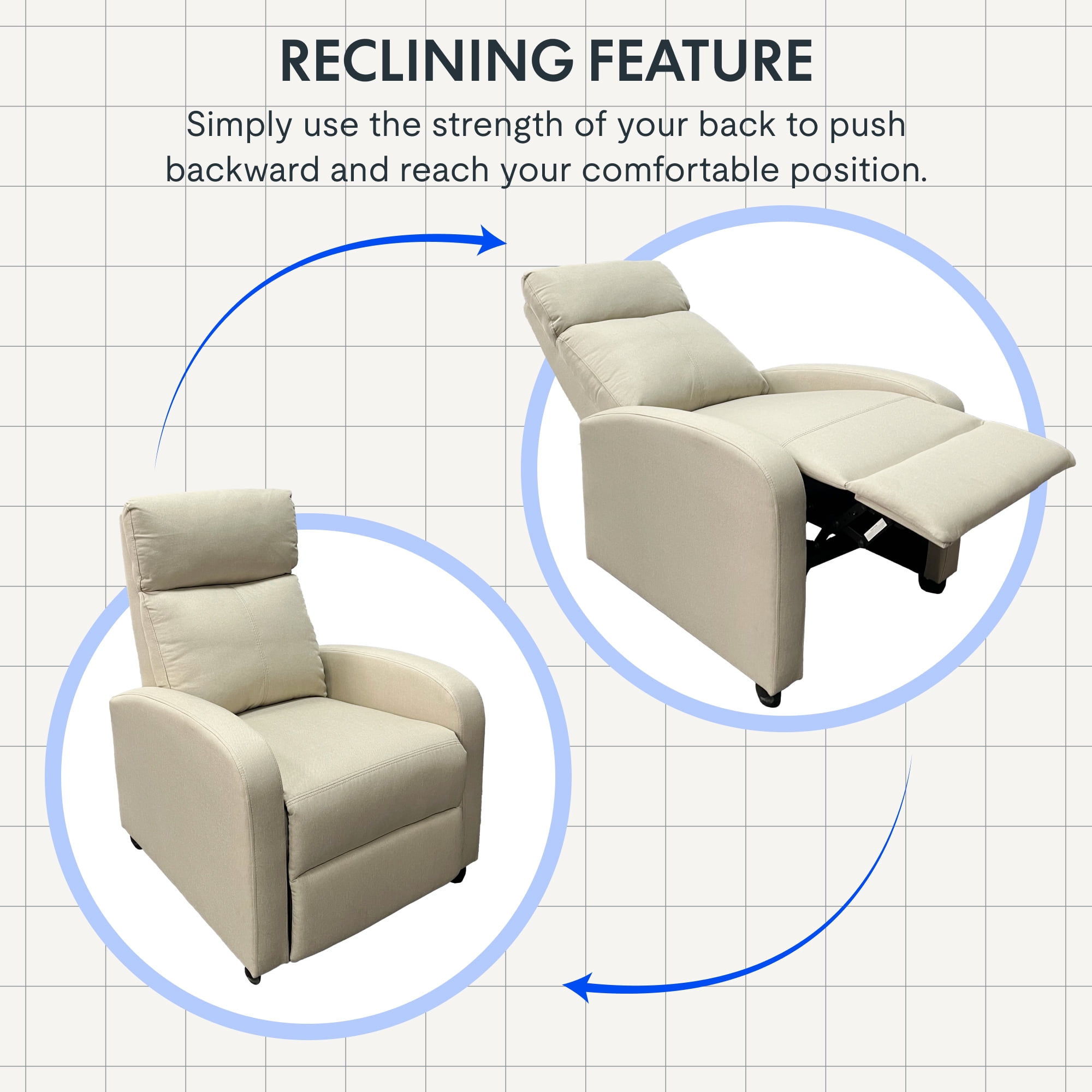 FlexiSpot Pushback Recliner Chair Adjustable Faric Home Living Single Reclining Sofa Weight Capacity 300 lbs Grey