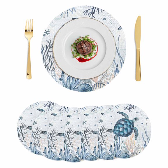 Round Placemats Blue Turtle 15 inch Set of 6 Table Mats for Dining Table Ocean Seabed Coral Starfish Heat Resistant Non-Slip Kitchen & Home Decorative Place Mat Set