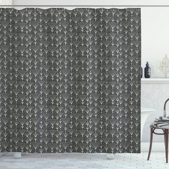 Abstract Shower Curtain, Modern Interpretation of Striped Upside Down Triangles Combined Vertically, Fabric Bathroom Set with Hooks, 69W X 70L Inches, Eggshell Dark Grey, by Ambesonne
