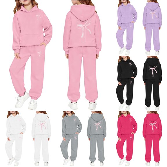 LIIPEE Girls Casual Outfits 2 Piece Autumn Winter Warm Bowknot Graphic Long Sleeve Pullover Hoodie And Sweatpants Kids Cute Outfit Sets,5-6 Years