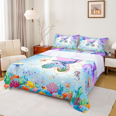 Manfei Watercolor Mermaid Tail Letter X Full Size Sheets for Kids Boys and Girls Cartoon Ocean Animal Bed Sheets 4 Pieces 1 Flat Sheet 1 Fitted Sheet and 2 Pillowcases