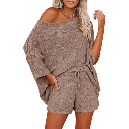 

Women s Spring And Autumn Two-Piece Jacket + Shorts Thin Knitted Pajamas Set