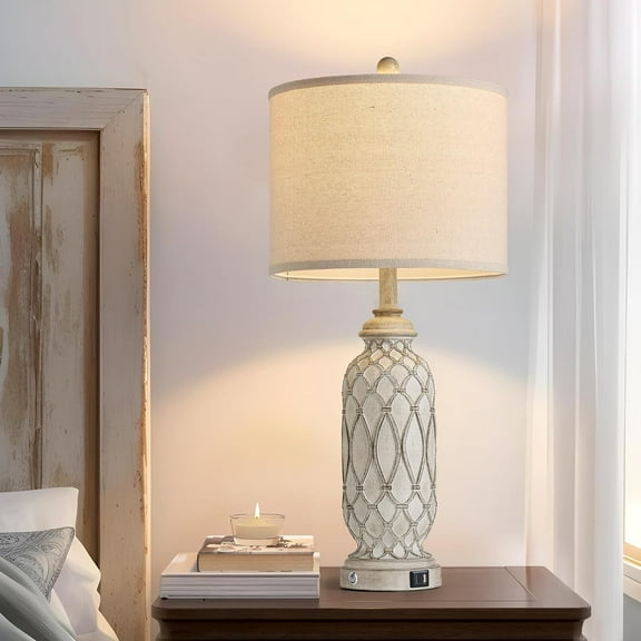 Farmhouse Table Lamps for Bedroom Set of 2, 28" Rustic Bedside Lamp with USB Ports, 3-Way Dimmable Nightstand Table Lamp for Living Room with Linen Drum Shade (Bulbs Included)