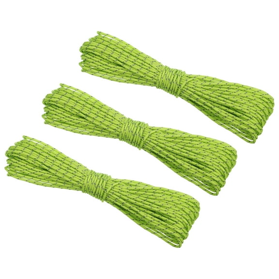 65 Feet Reflective Guyline Camping Paracord 2mm , 3 Pack Nylon Tent Cord Guyline Rope Fluorescent Green
