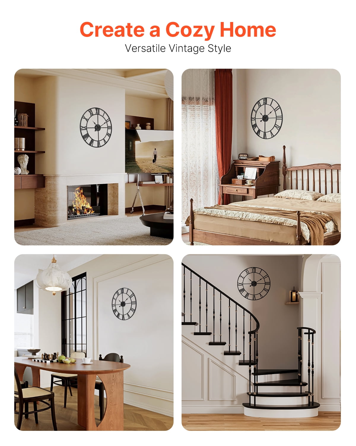 KFFKFF 24in Decorative Wall Clock with Roman Numerals, Battery-Powered Round Clock for Living Room, Bedroom, Office, Farmhouse Style, Black