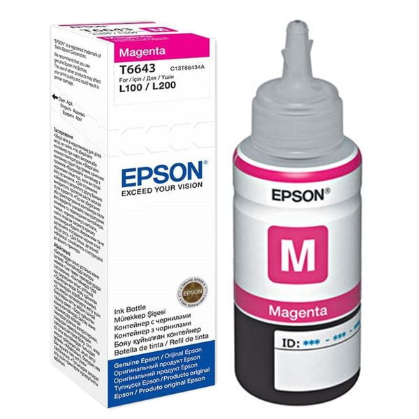 tinta epson t664320 fucsia botella vertical con boquilla dosificadora gris, etiqueta blanca con letra M magenta y banda negra; caja blanca y magenta con logo Epson visible detrás.